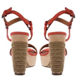Pre Owned Lanvin Red Suede Espadrille Wedge Platform Ankle Strap Sandals Size 37.5