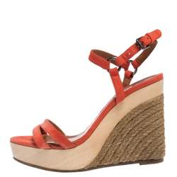 Pre Owned Lanvin Red Suede Espadrille Wedge Platform Ankle Strap Sandals Size 37.5