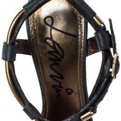 Lanvin Dark Green Leather and Elastic Metal String T-Strap Open Toe Sandals Size 35.5