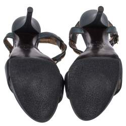 Lanvin Dark Green Leather and Elastic Metal String T-Strap Open Toe Sandals Size 35.5