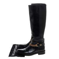 Pre Owned Lanvin Black Leather Chain Embellished Knee High Boots Size 36.5