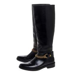 Pre Owned Lanvin Black Leather Chain Embellished Knee High Boots Size 36.5