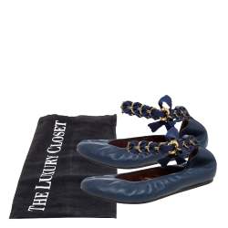 Pre Owned Lanvin Blue Leather And Ribbon Ankle Spring Ring Chain Ballet Flats Size 38.5