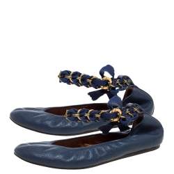 Pre Owned Lanvin Blue Leather And Ribbon Ankle Spring Ring Chain Ballet Flats Size 38.5