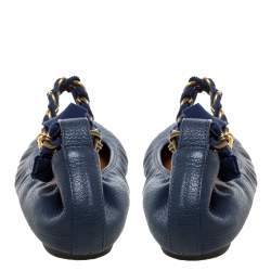 Pre Owned Lanvin Blue Leather And Ribbon Ankle Spring Ring Chain Ballet Flats Size 38.5