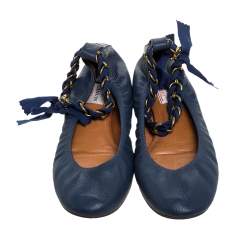 Pre Owned Lanvin Blue Leather And Ribbon Ankle Spring Ring Chain Ballet Flats Size 38.5