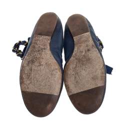 Pre Owned Lanvin Blue Leather And Ribbon Ankle Spring Ring Chain Ballet Flats Size 38.5