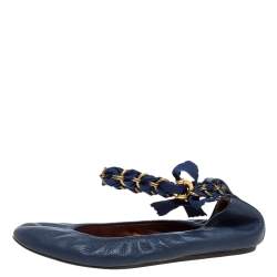 Pre Owned Lanvin Blue Leather And Ribbon Ankle Spring Ring Chain Ballet Flats Size 38.5