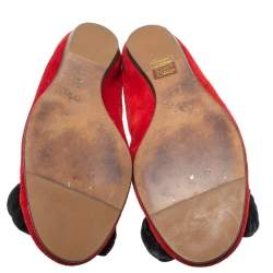 Pre Owned Lanvin Red Suede Leather Bow Scrunch Ballet Flats Size 38