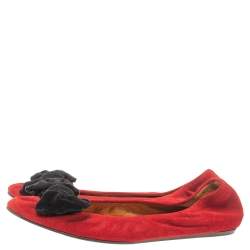 Pre Owned Lanvin Red Suede Leather Bow Scrunch Ballet Flats Size 38
