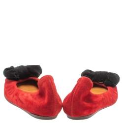 Pre Owned Lanvin Red Suede Leather Bow Scrunch Ballet Flats Size 38