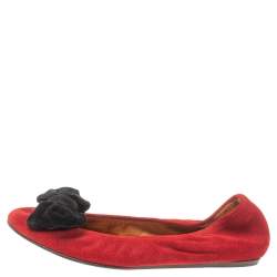 Pre Owned Lanvin Red Suede Leather Bow Scrunch Ballet Flats Size 38