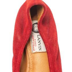 Pre Owned Lanvin Red Suede Leather Bow Scrunch Ballet Flats Size 38