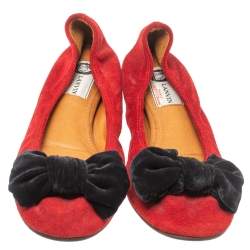 Pre Owned Lanvin Red Suede Leather Bow Scrunch Ballet Flats Size 38