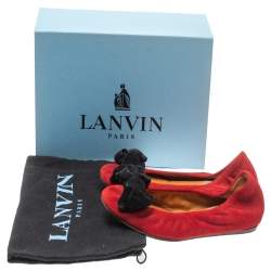 Pre Owned Lanvin Red Suede Leather Bow Scrunch Ballet Flats Size 38