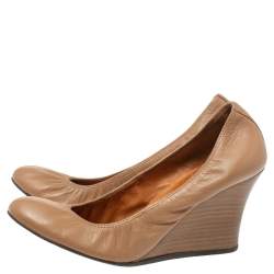Pre Owned Lanvin Nude Beige Leather Scrunch Wooden Wedge Pumps Size 40