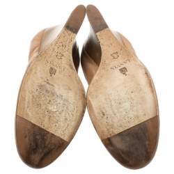 Pre Owned Lanvin Nude Beige Leather Scrunch Wooden Wedge Pumps Size 40