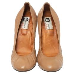 Pre Owned Lanvin Nude Beige Leather Scrunch Wooden Wedge Pumps Size 40