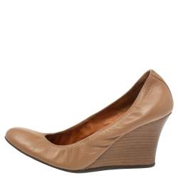 Pre Owned Lanvin Nude Beige Leather Scrunch Wooden Wedge Pumps Size 40