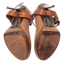 Lanvin Beige/Brown Leather Ankle Strap Platform Pumps 39