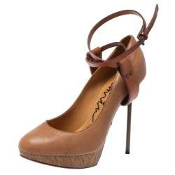 Lanvin Beige/Brown Leather Ankle Strap Platform Pumps 39