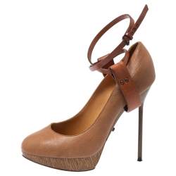 Lanvin Beige/Brown Leather Ankle Strap Platform Pumps 39