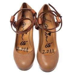 Lanvin Beige/Brown Leather Ankle Strap Platform Pumps 39