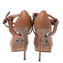 Lanvin Beige/Brown Leather Ankle Strap Platform Pumps 39