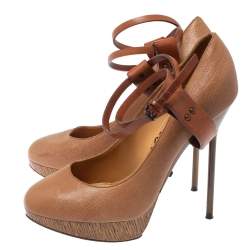 Lanvin Beige/Brown Leather Ankle Strap Platform Pumps 39