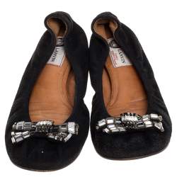 Pre Owned Lanvin Black Suede Crystal Embellished Ballet Flats Size 38