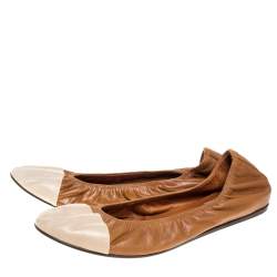 Pre Owned Lanvin Brown/White Leather Scrunch Ballet Flats Size 42