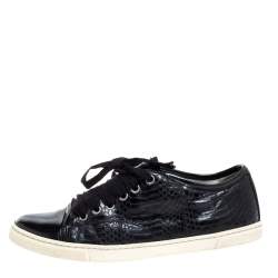 Pre Owned Lanvin Black Python Embossed Leather and Patent Leather Lace Up Sneakers Size 38