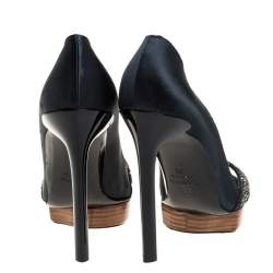 Lanvin Dark Green Satin Crystal Embellished Open Toe Platform Pumps Size 36