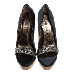 Lanvin Dark Green Satin Crystal Embellished Open Toe Platform Pumps Size 36
