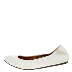Pre Owned Lanvin White Leather Scrunch Ballet Flats Size 37.5