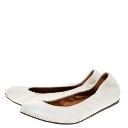 Pre Owned Lanvin White Leather Scrunch Ballet Flats Size 37.5