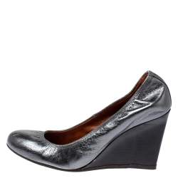 Lanvin Metallic Grey Leather Scrunch Wedge Pumps Size 37