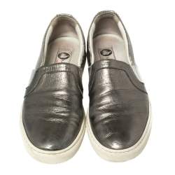 Lanvin Metallic Grey Leather Slip On Sneakers Size 37