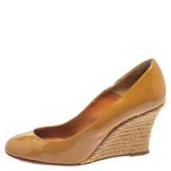 Pre Owned Lanvin Beige Patent Leather Wedges Pumps Size 37