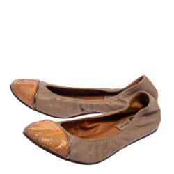 Pre Owned Lanvin Mauve Beige/Metallic Leather And Python Embossed Trim Cap Toe Ballet Flats 39