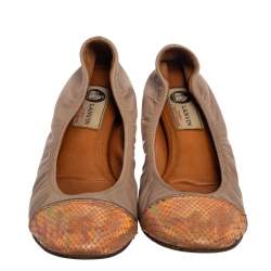 Pre Owned Lanvin Mauve Beige/Metallic Leather And Python Embossed Trim Cap Toe Ballet Flats 39