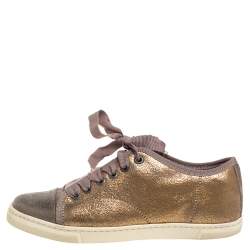 Pre Owned Lanvin Metallic Bronze Textured Leather Cap Toe Sneakers Size 36