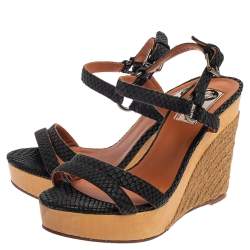Lanvin Black Python Embossed Leather Strap Wedge Sandals Size 37