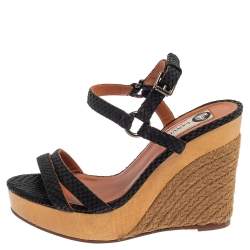 Lanvin Black Python Embossed Leather Strap Wedge Sandals Size 37