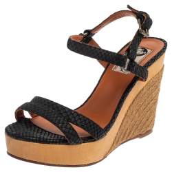 Lanvin Black Python Embossed Leather Strap Wedge Sandals Size 37
