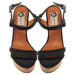 Lanvin Black Python Embossed Leather Strap Wedge Sandals Size 37