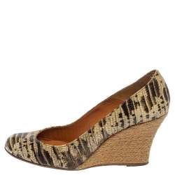 Pre Owned Lanvin Green/Beige Lizard Embossed Leather Wedge Pumps Size 39