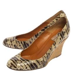 Pre Owned Lanvin Green/Beige Lizard Embossed Leather Wedge Pumps Size 39