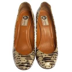 Pre Owned Lanvin Green/Beige Lizard Embossed Leather Wedge Pumps Size 39