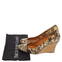 Pre Owned Lanvin Green/Beige Lizard Embossed Leather Wedge Pumps Size 39